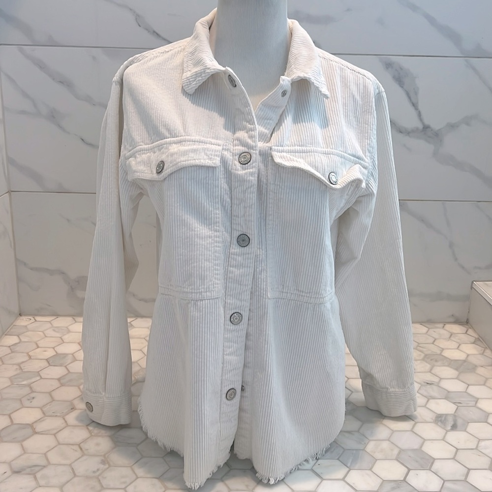 Zara White Corduroy Button Down Long Sleeve Shirt Jacket Girls Size 13/14
